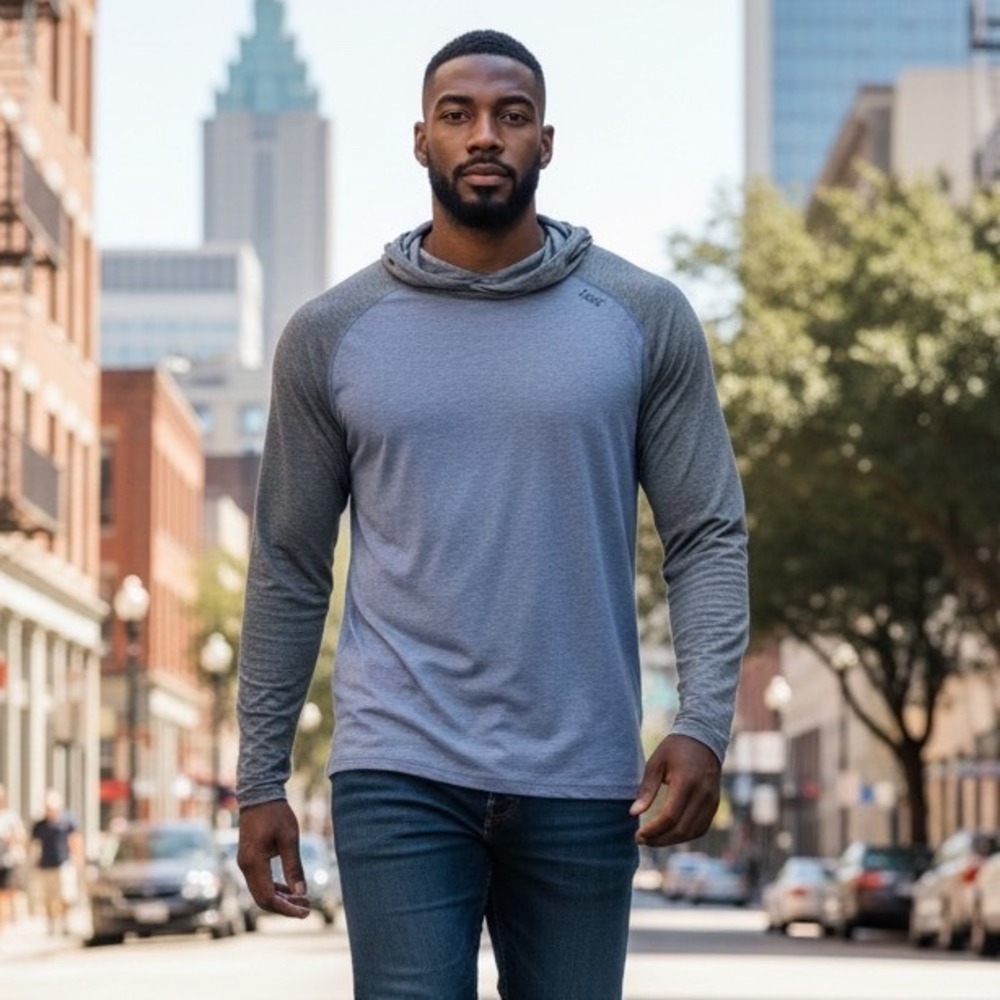 Tasc Performance Mens Bamboo Organic Cotton Hoodie Blue Grey Thumbhole Small